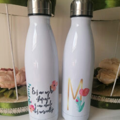 Botella Térmica Inicial Flor Y Frase Personalizada