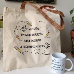 Gran Corazón Maestra, Conjunto Bolso De Algodón Y Corcho Más Taza